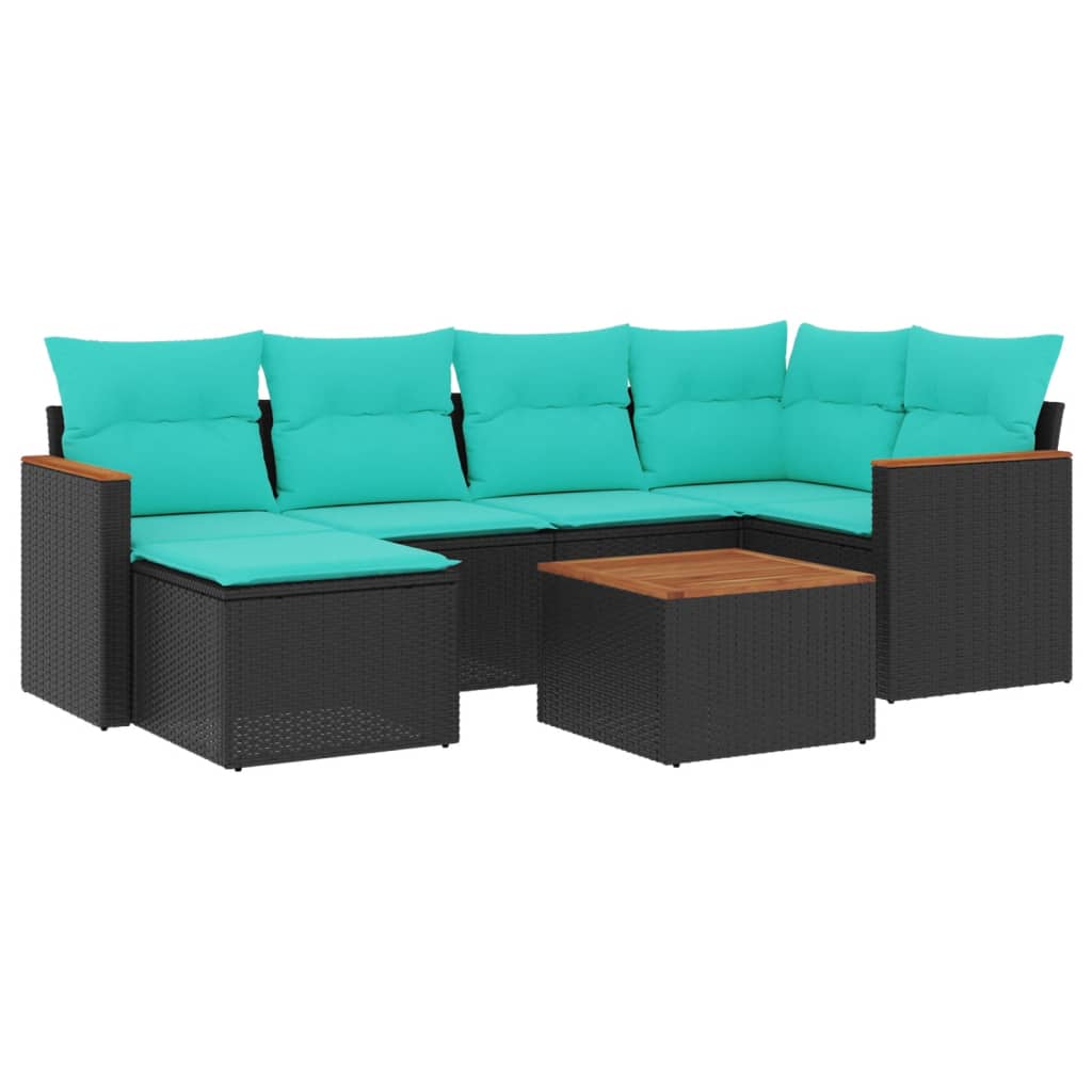 7 Piece Patio Sofa Set with Cushions Black Poly Rattan