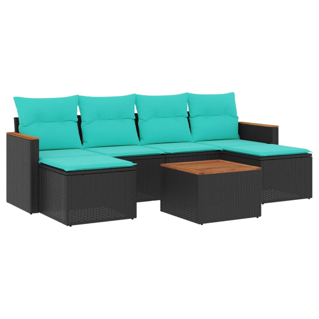 7 Piece Patio Sofa Set with Cushions Black Poly Rattan