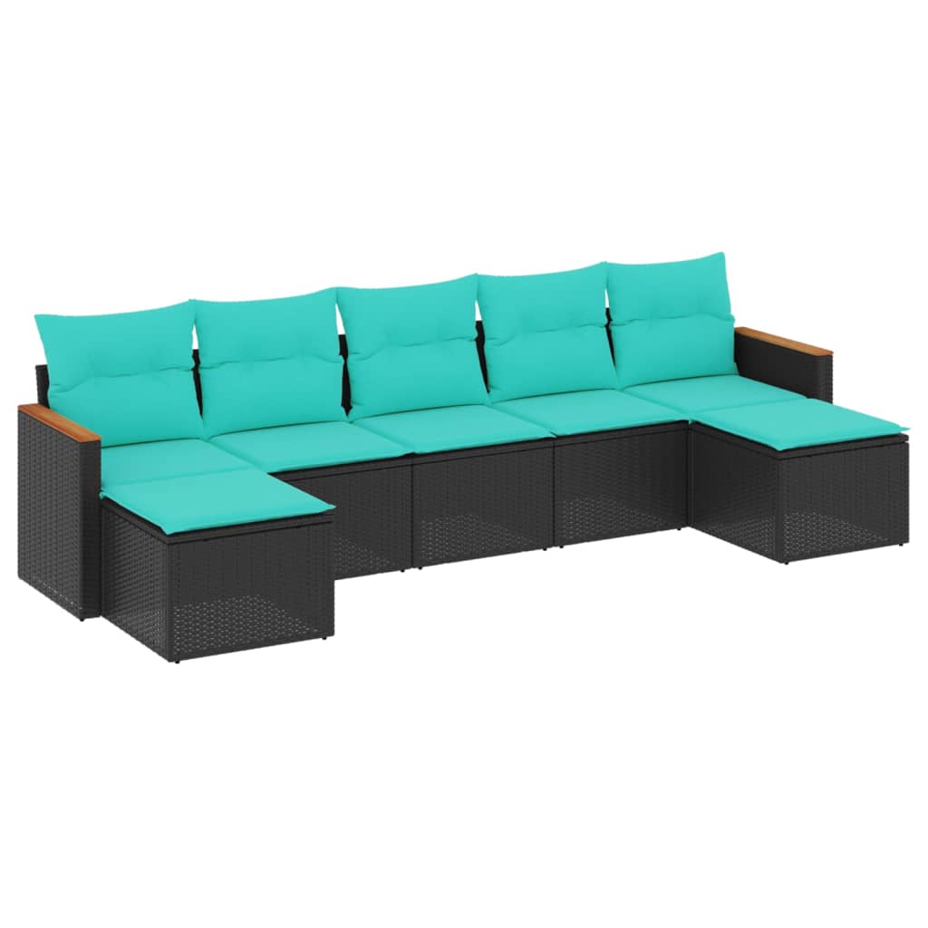 7 Piece Patio Sofa Set with Cushions Black Poly Rattan