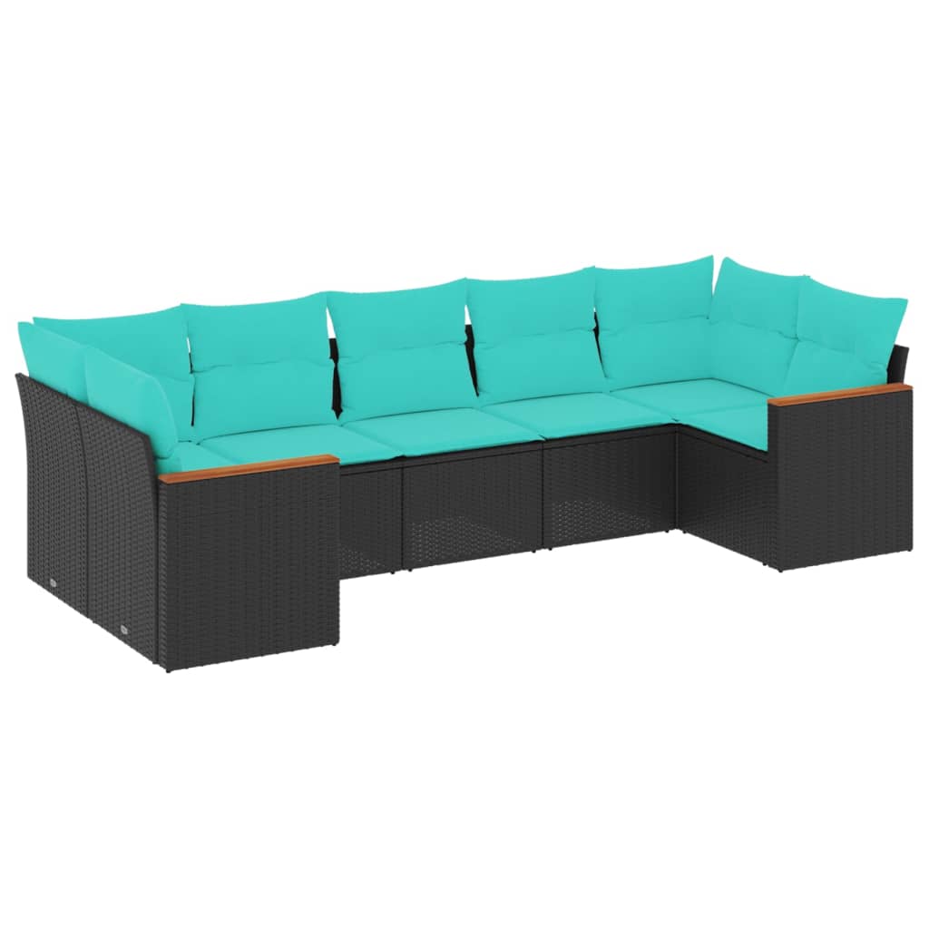 7 Piece Patio Sofa Set with Cushions Black Poly Rattan