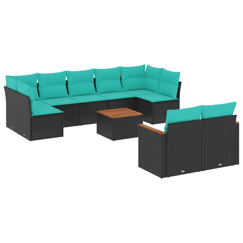 10 Piece Patio Sofa Set with Cushions Black Poly Rattan