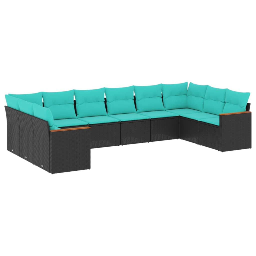 10 Piece Patio Sofa Set with Cushions Black Poly Rattan