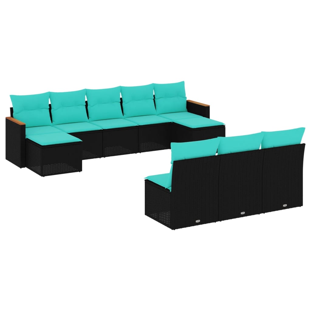10 Piece Patio Sofa Set with Cushions Black Poly Rattan