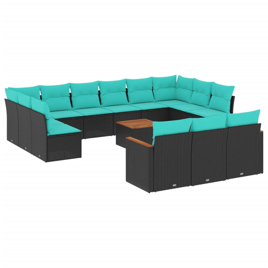 14 Piece Patio Sofa Set with Cushions Black Poly Rattan