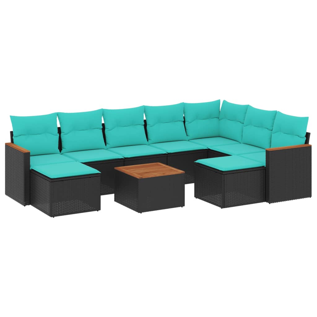 10 Piece Patio Sofa Set with Cushions Black Poly Rattan