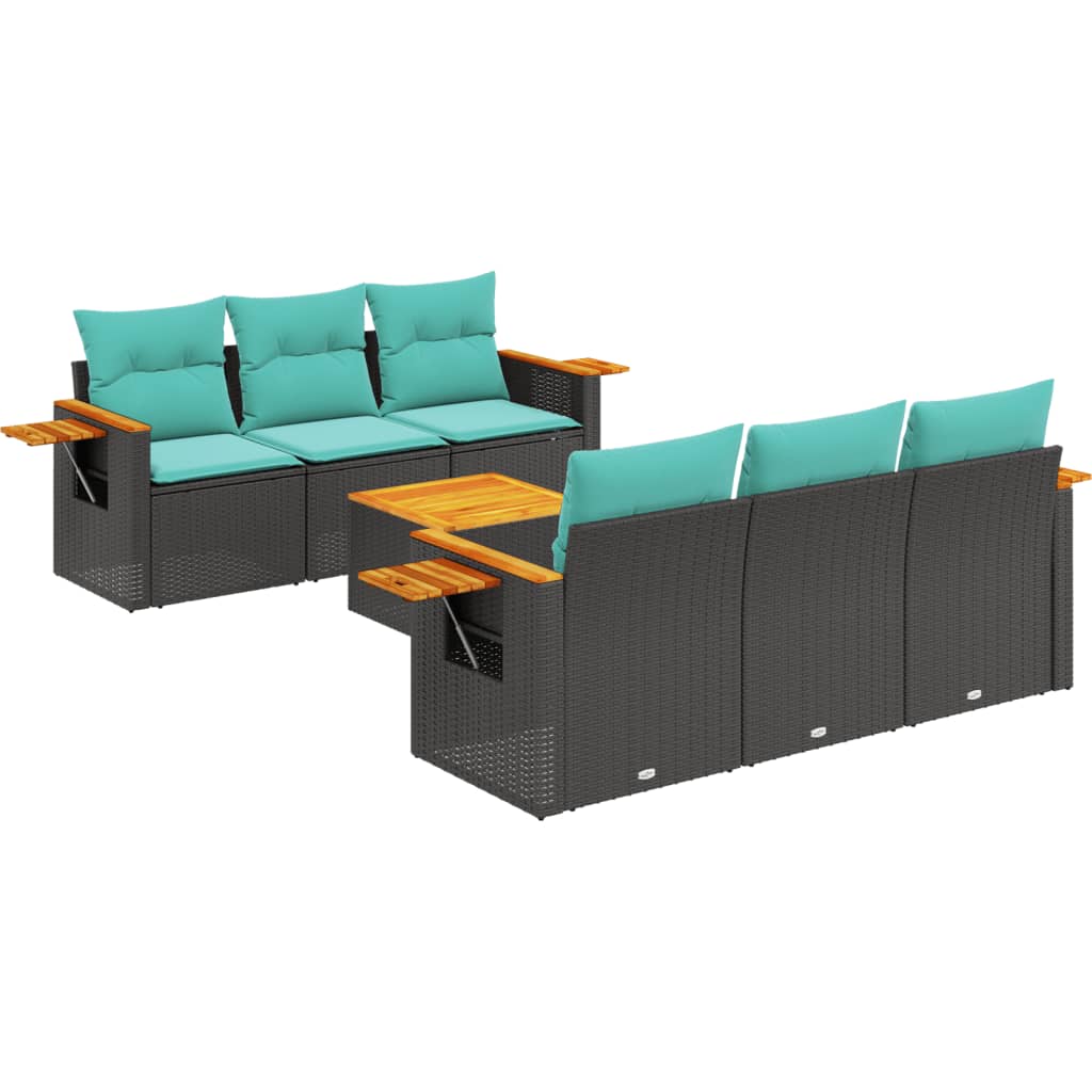 7 Piece Patio Sofa Set with Cushions Black Poly Rattan