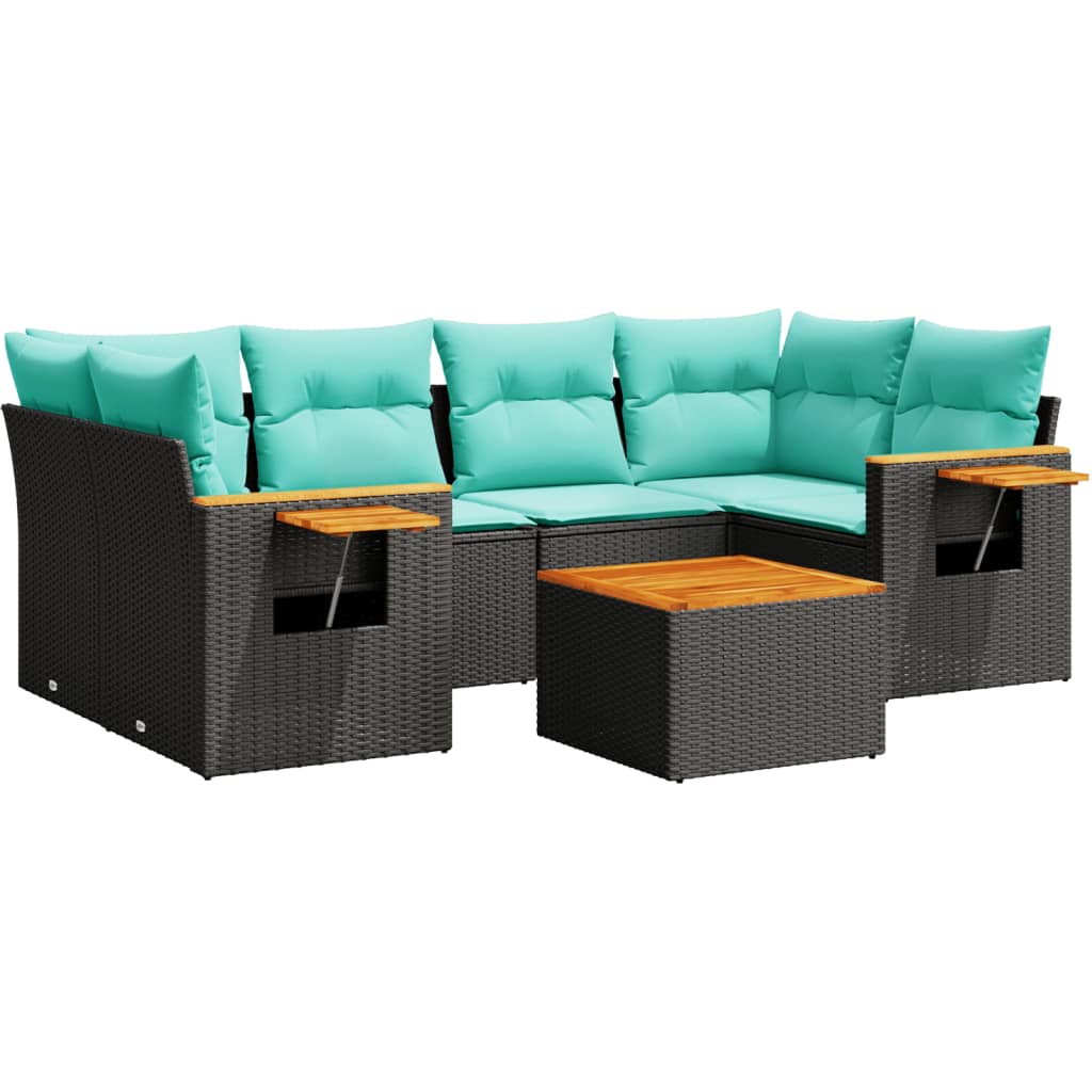 7 Piece Patio Sofa Set with Cushions Black Poly Rattan