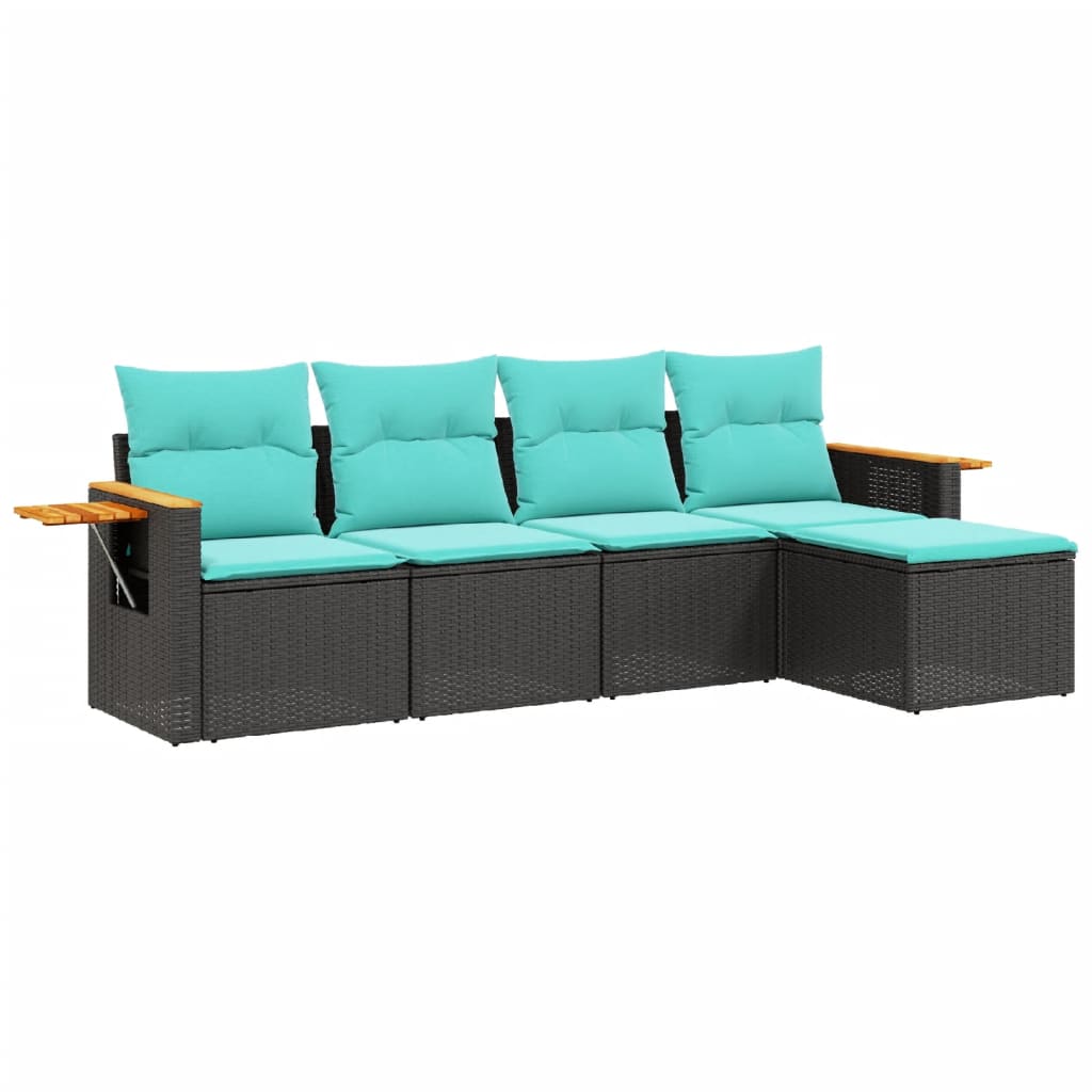 Garden Sofa Set Black, Blue Poly Rattan 5-Piece Set
