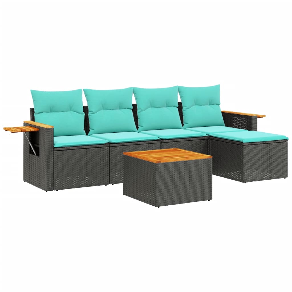 6 Piece Patio Sofa Set with Cushions Black Poly Rattan