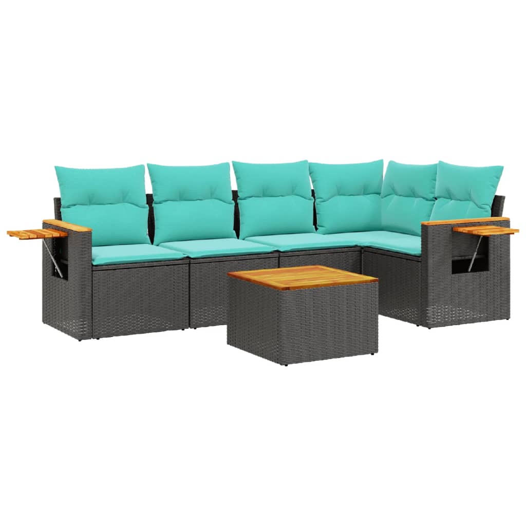 6 Piece Patio Sofa Set with Cushions Black Poly Rattan