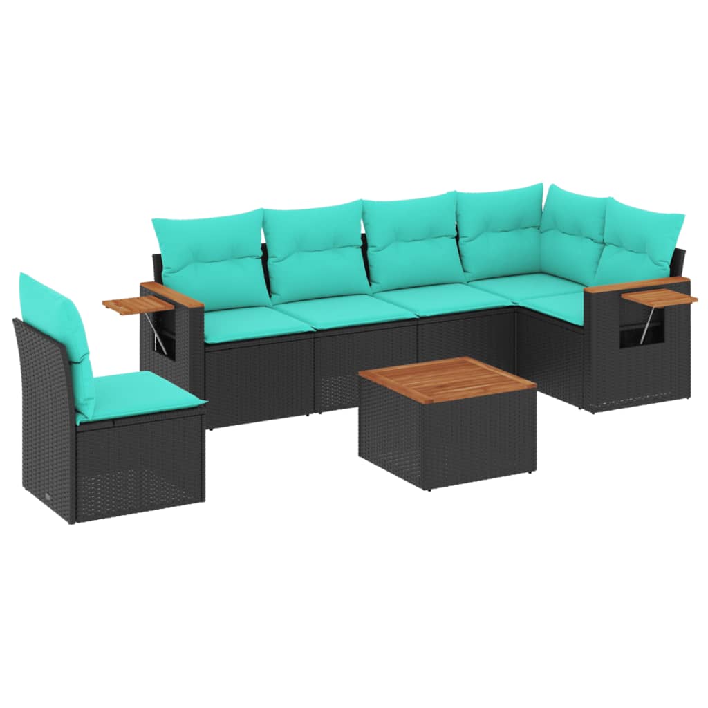7 Piece Patio Sofa Set with Cushions Black Poly Rattan