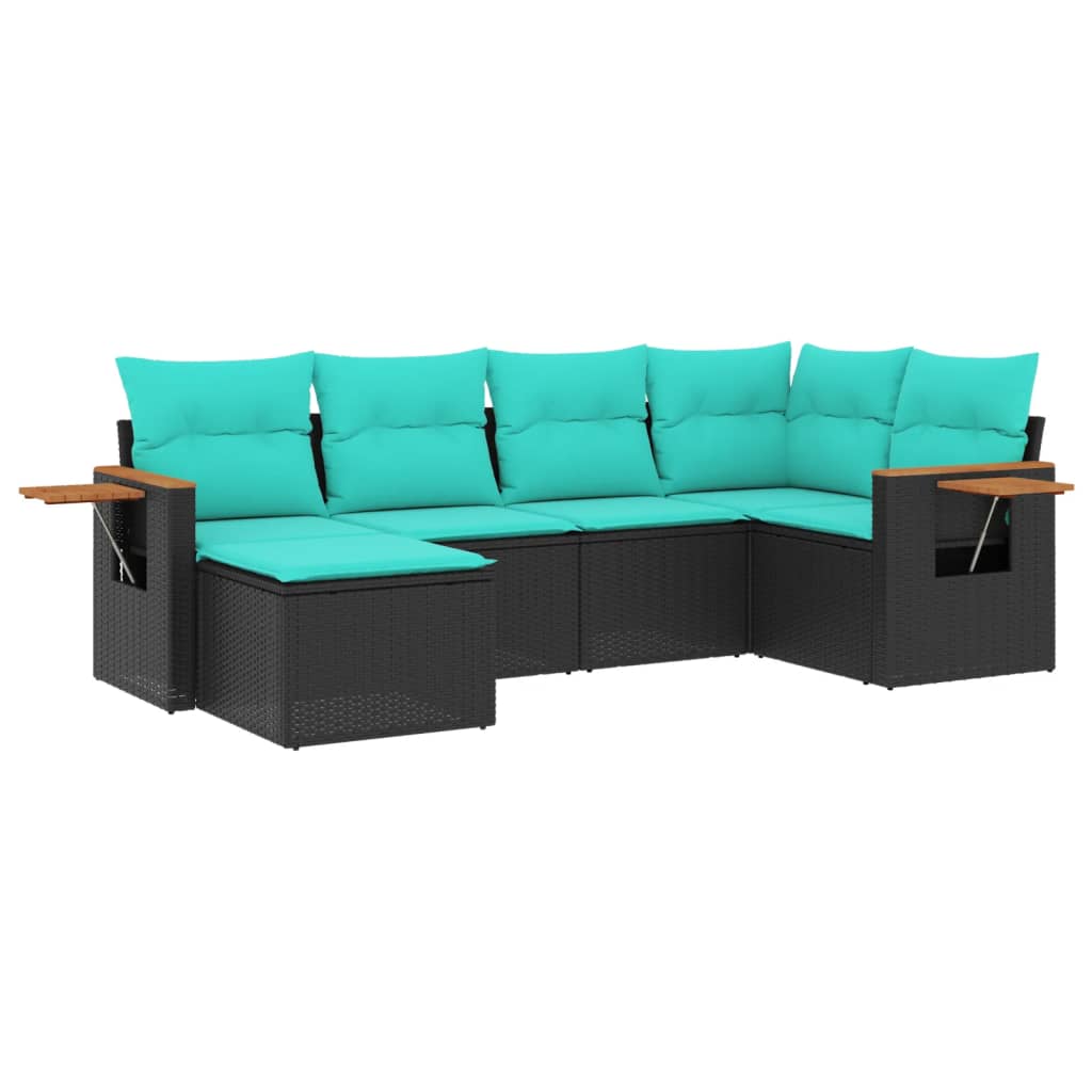 6 Piece Patio Sofa Set with Cushions Black Poly Rattan