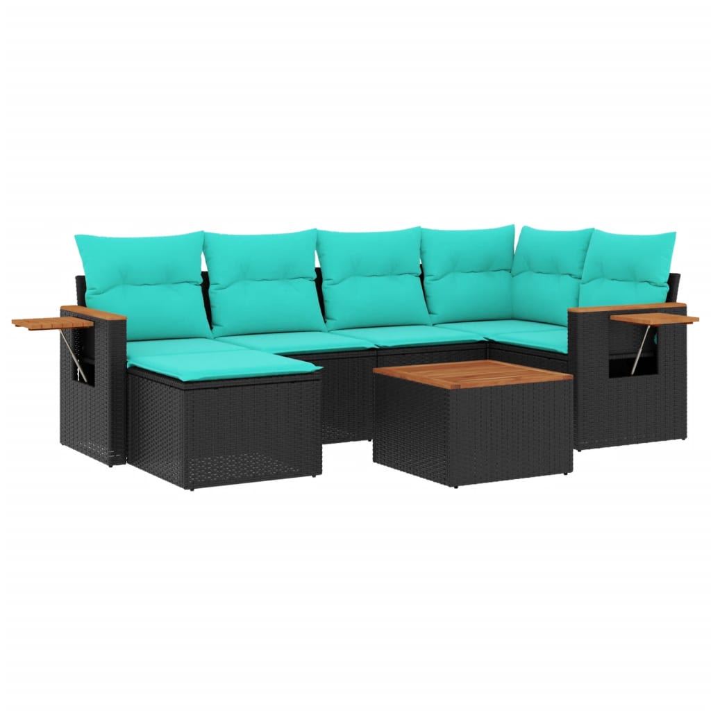 7 Piece Patio Sofa Set with Cushions Black Poly Rattan