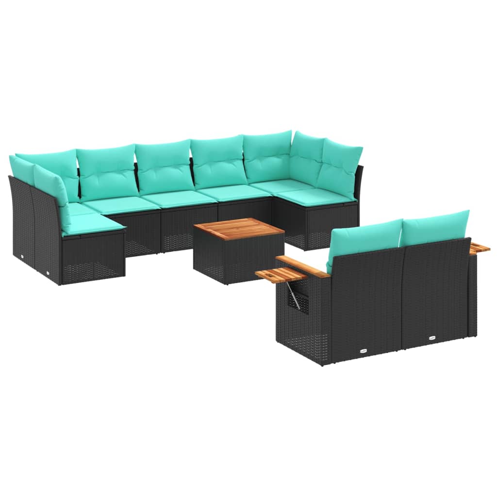 10 Piece Patio Sofa Set with Cushions Black Poly Rattan