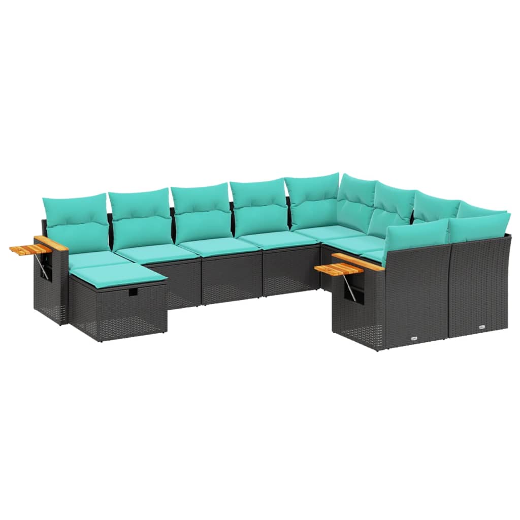 10 Piece Patio Sofa Set with Cushions Black Poly Rattan