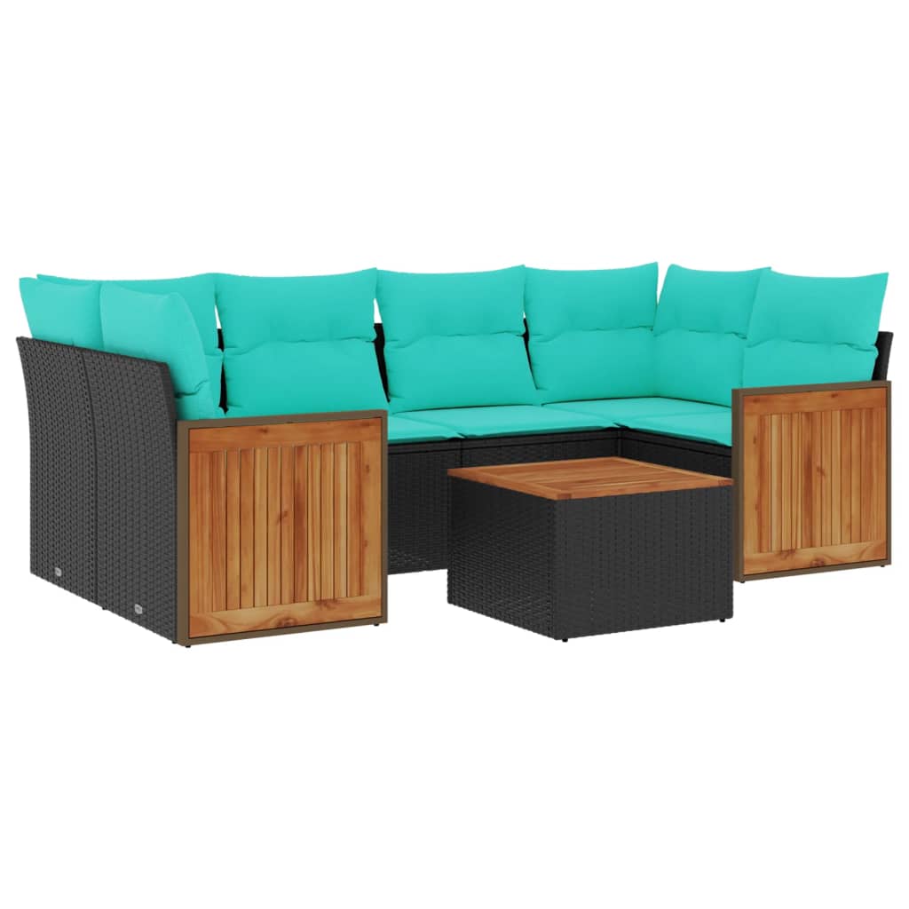 7 Piece Patio Sofa Set with Cushions Black Poly Rattan