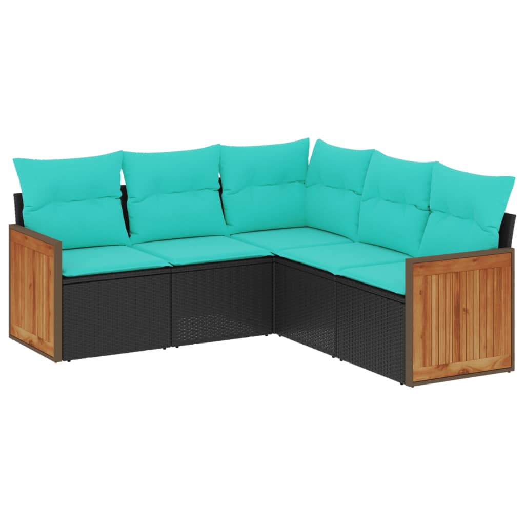 5 Piece Patio Sofa Set with Cushions Black Poly Rattan