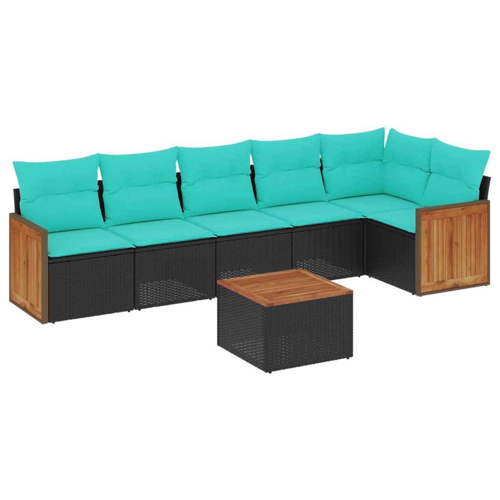 7 Piece Patio Sofa Set with Cushions Black Poly Rattan