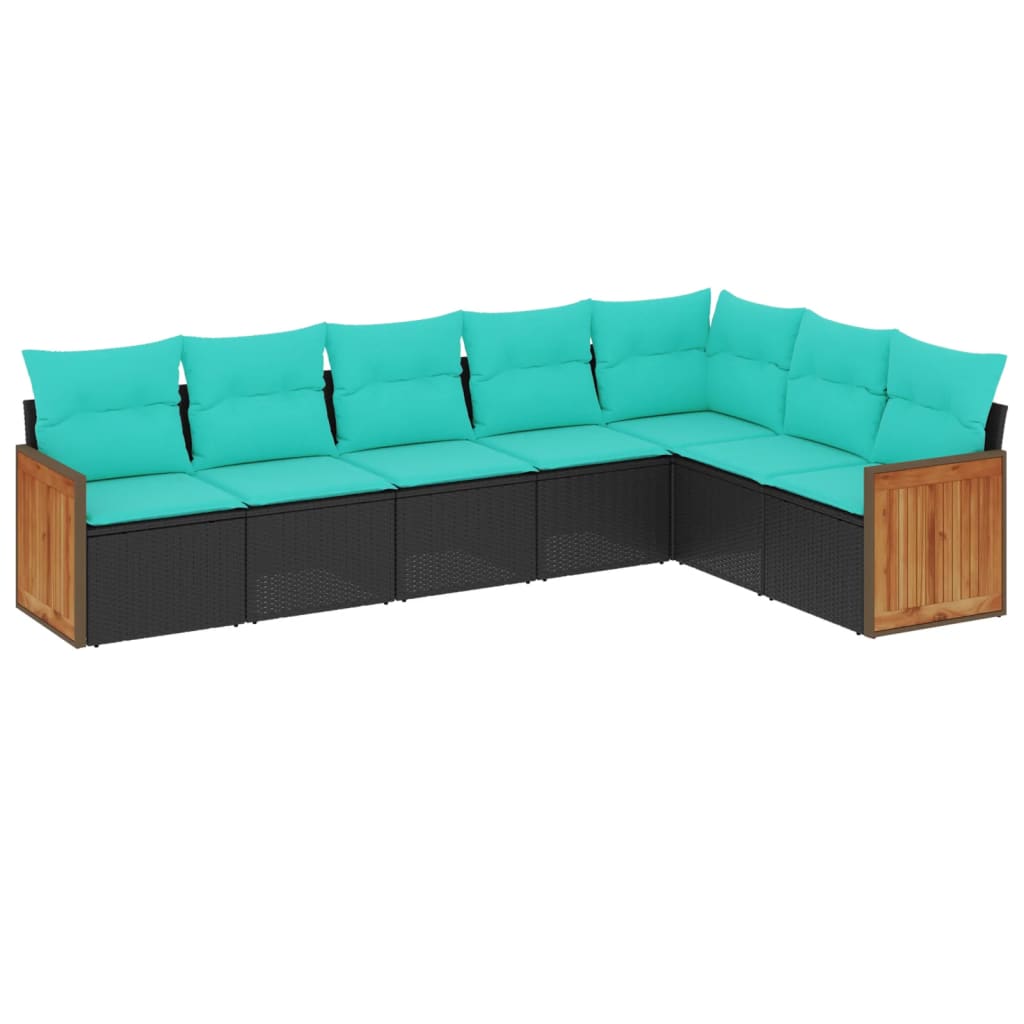 7 Piece Patio Sofa Set with Cushions Black Poly Rattan