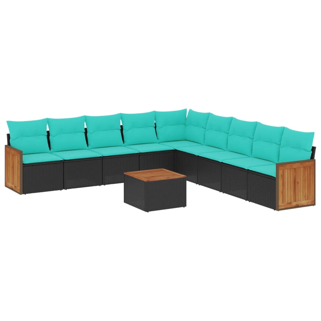10 Piece Patio Sofa Set with Cushions Black Poly Rattan