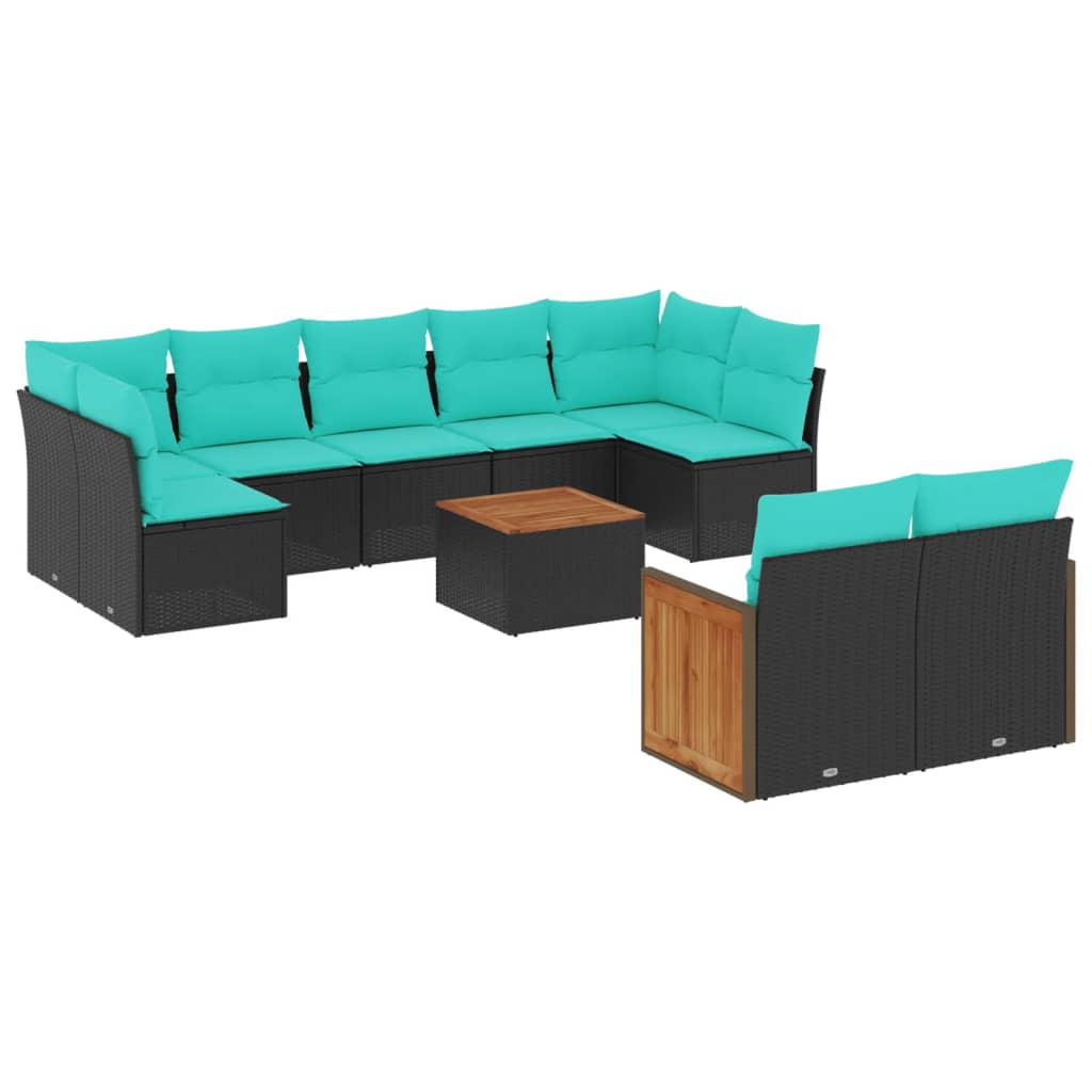 10 Piece Patio Sofa Set with Cushions Black Poly Rattan