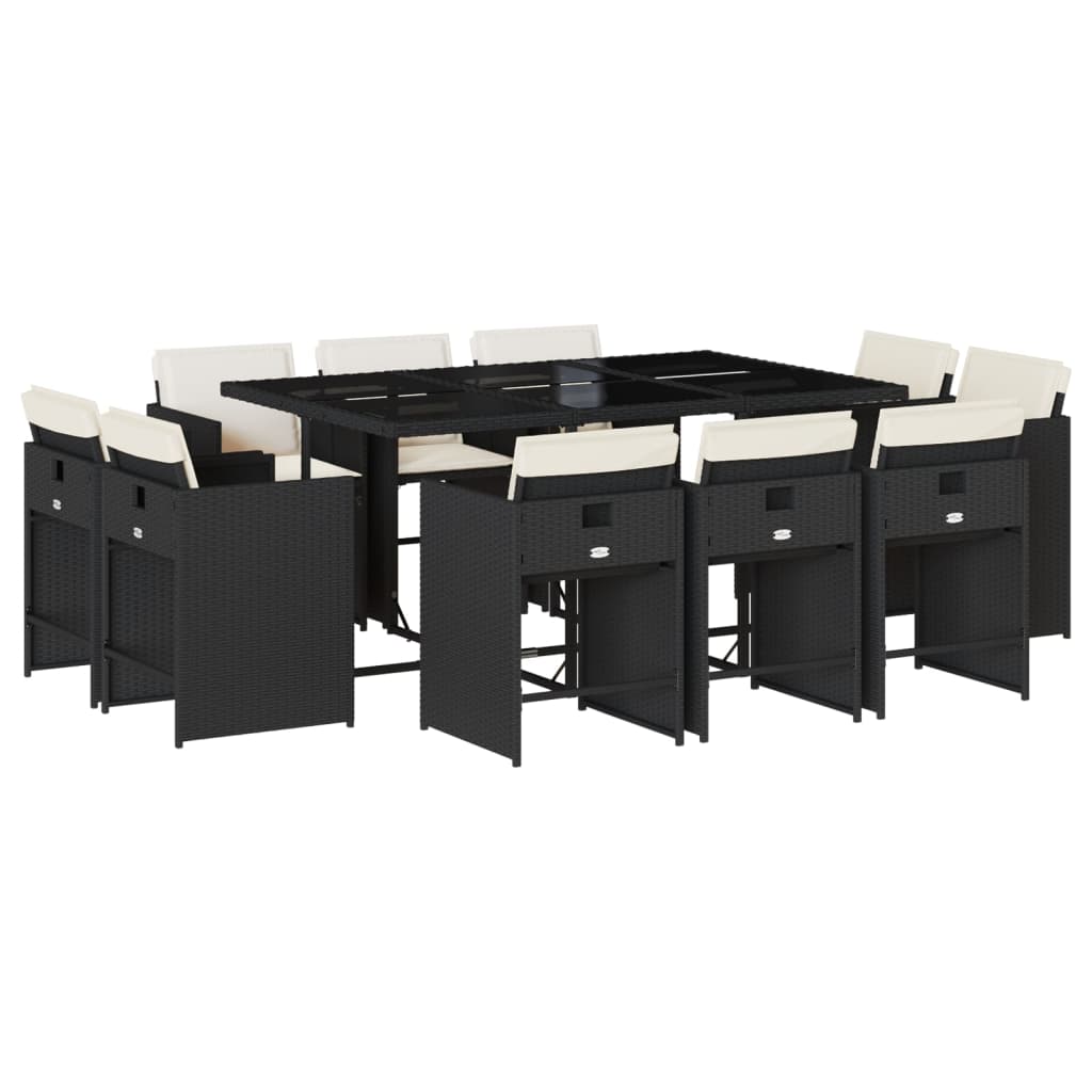 11 Piece Patio Dining Set with Cushions Black Poly Rattan