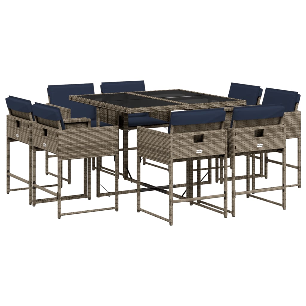 9 Piece Garden Dining Set with Cushions Grey Poly Rattan