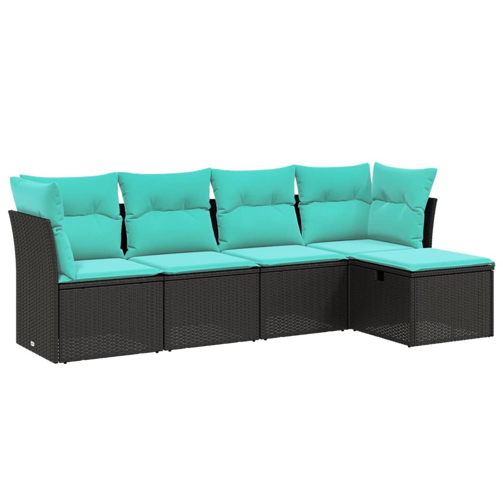 Garden Sofa Set Black PE rattan, Powder-Coated Steel 5 Piece Set