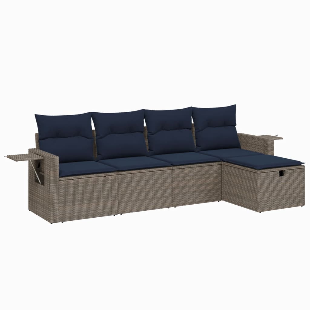 5 Piece Patio Sofa Set with Cushions Gray Poly Rattan