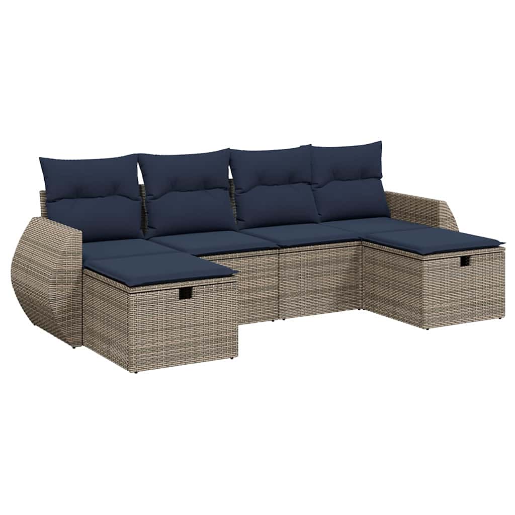 6 Piece Patio Sofa Set with Cushions Gray Poly Rattan