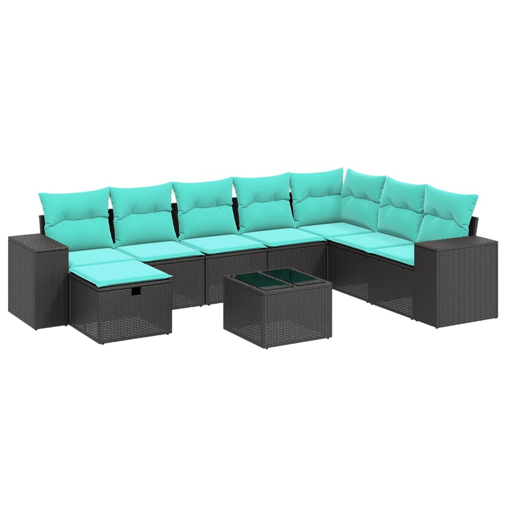 9 Piece Patio Sofa Set with Cushions Black Poly Rattan