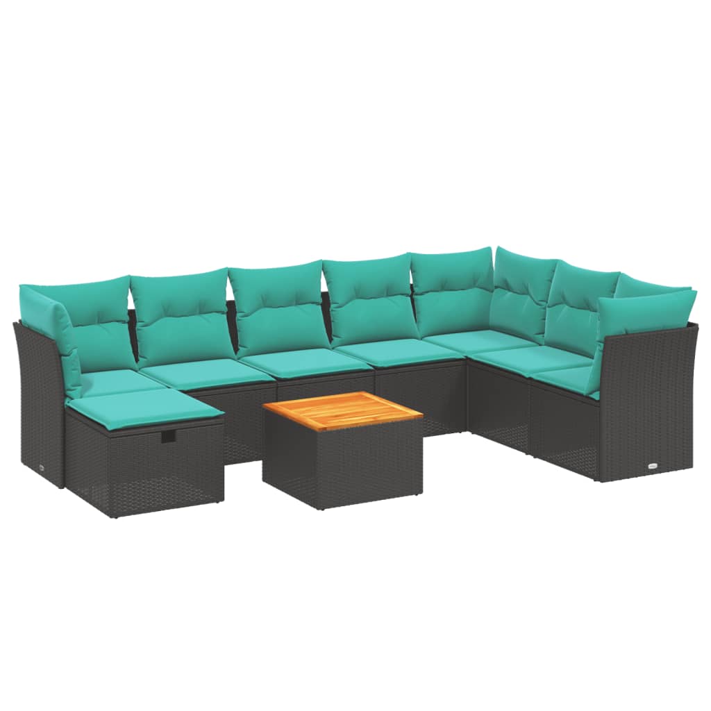9 Piece Patio Sofa Set with Cushions Black Poly Rattan