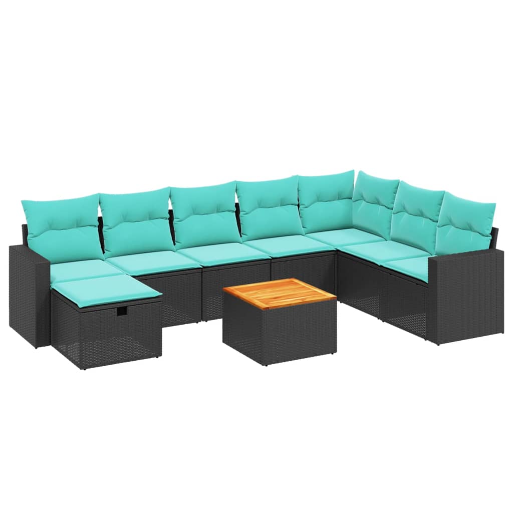 9 Piece Patio Sofa Set with Cushions Black Poly Rattan