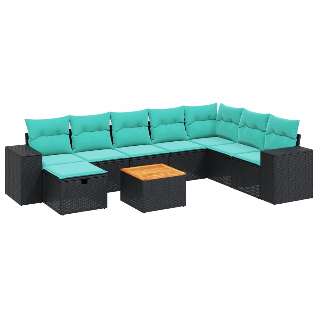 9 Piece Patio Sofa Set with Cushions Black Poly Rattan