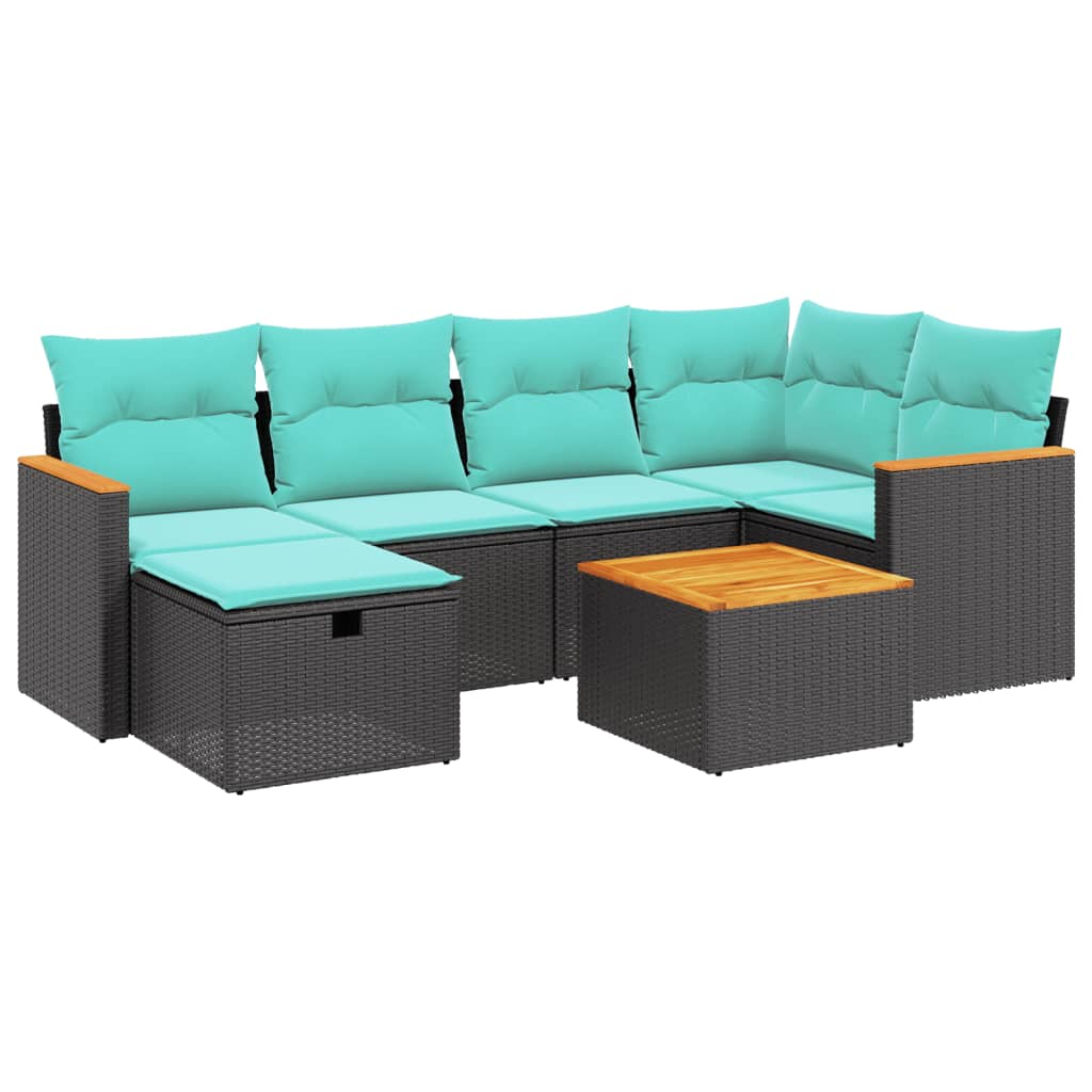 7 Piece Patio Sofa Set with Cushions Black Poly Rattan