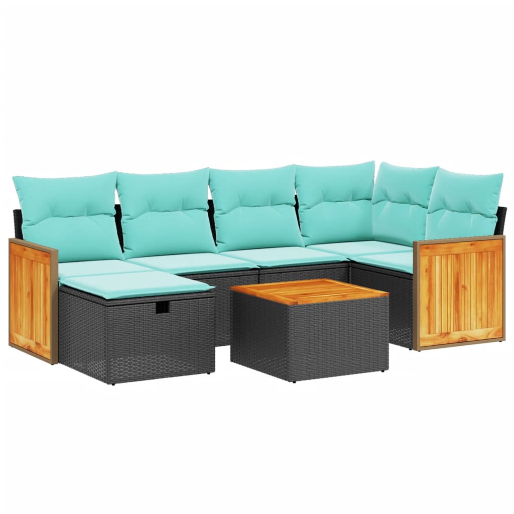 7 Piece Patio Sofa Set with Cushions Black Poly Rattan