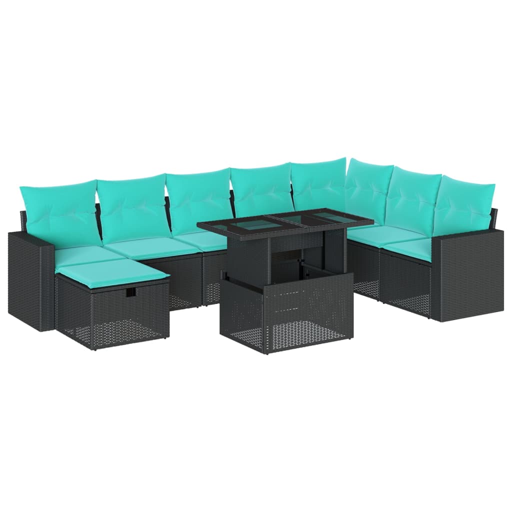 9 Piece Garden Sofa Set with Cushions Black Poly Rattan