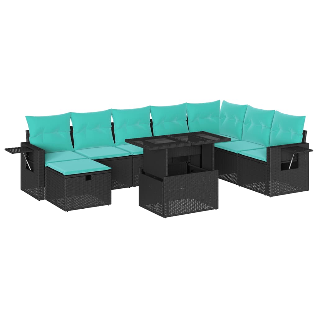 9 Piece Garden Sofa Set with Cushions Black Poly Rattan