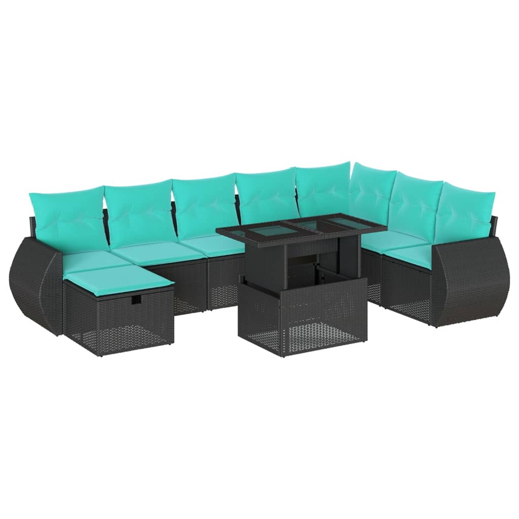 9 Piece Garden Sofa Set with Cushions Black Poly Rattan