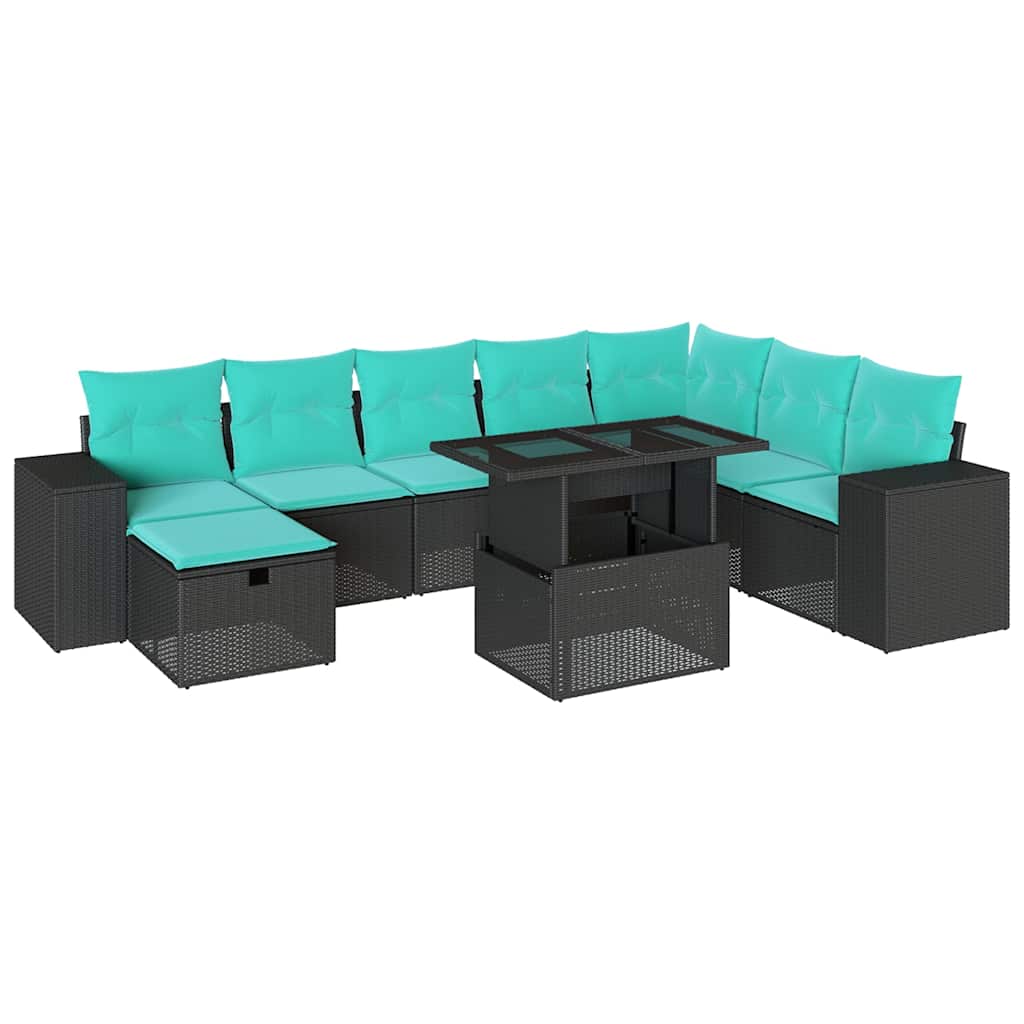 9 Piece Garden Sofa Set with Cushions Black Poly Rattan