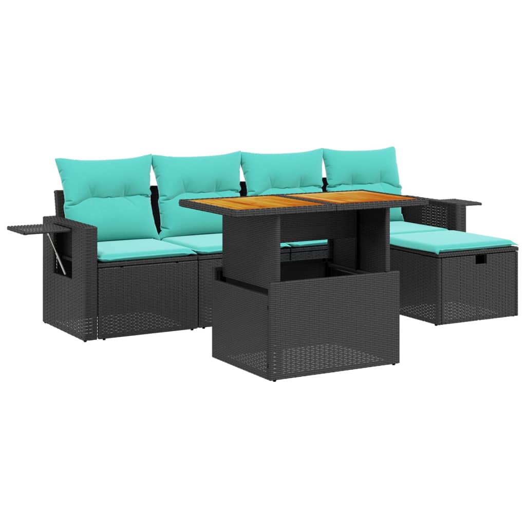 6 Piece Patio Sofa Set with Cushions Black Poly Rattan