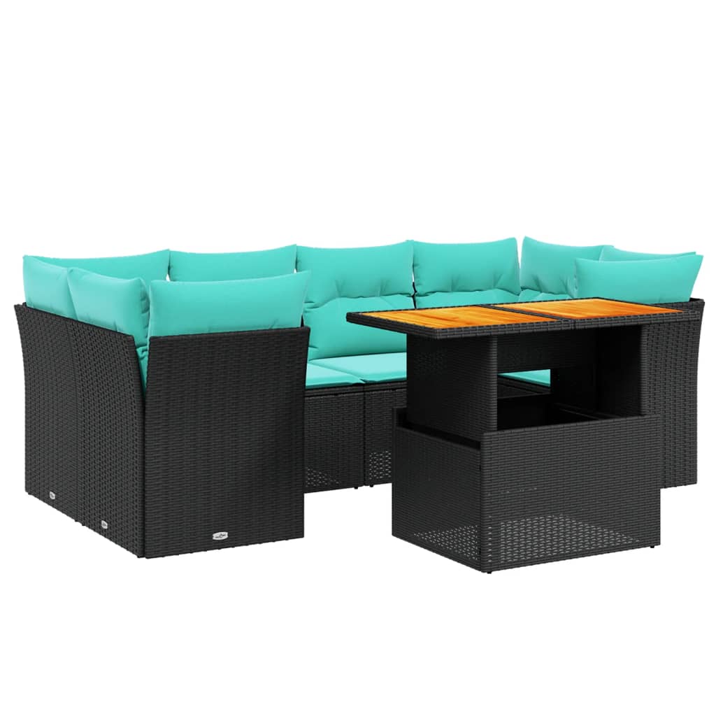 7 Piece Patio Sofa Set with Cushions Black Poly Rattan