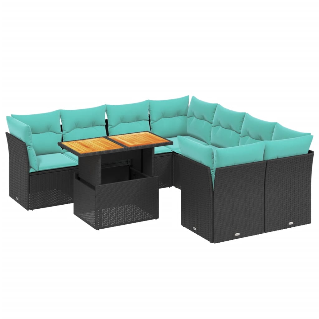 9 Piece Patio Sofa Set with Cushions Black Poly Rattan