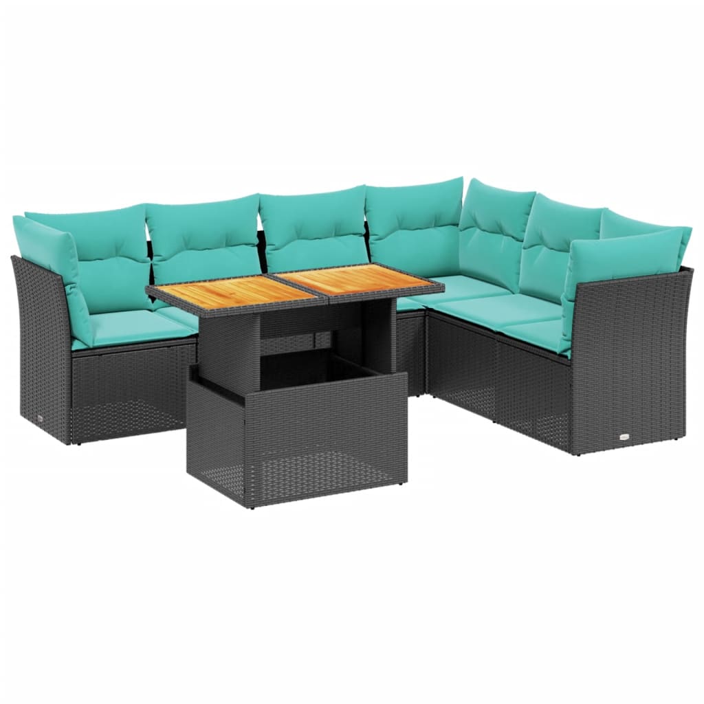 7 Piece Patio Sofa Set with Cushions Black Poly Rattan