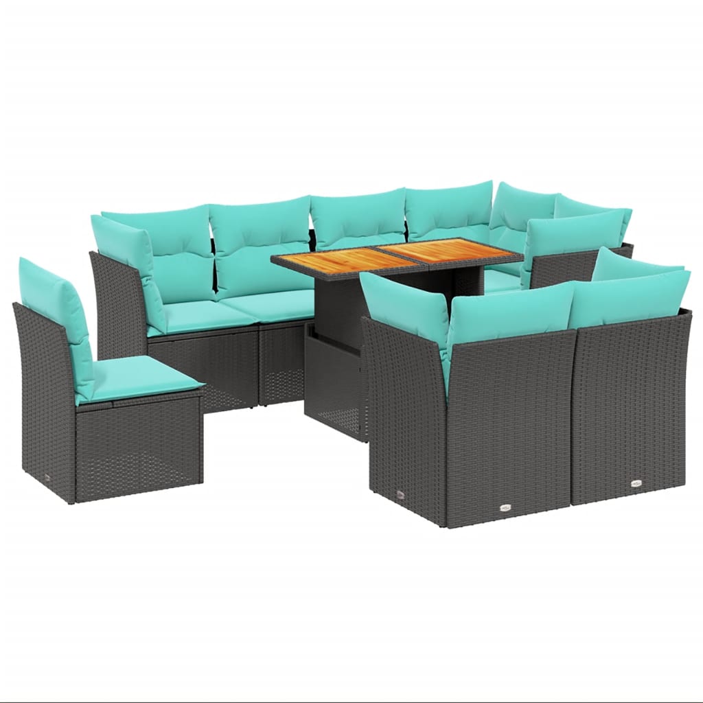 9 Piece Patio Sofa Set with Cushions Black Poly Rattan