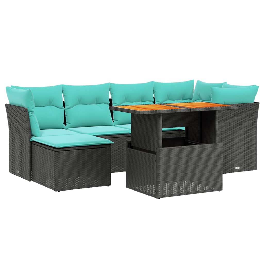 7 Piece Patio Sofa Set with Cushions Black Poly Rattan