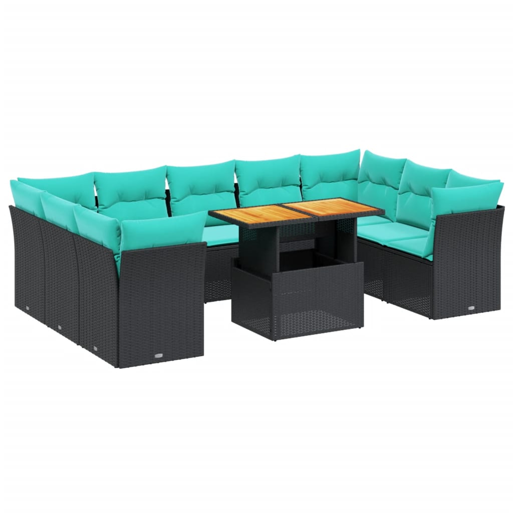 10 Piece Patio Sofa Set with Cushions Black Poly Rattan