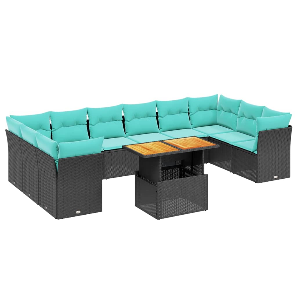 11 Piece Patio Sofa Set with Cushions Black Poly Rattan