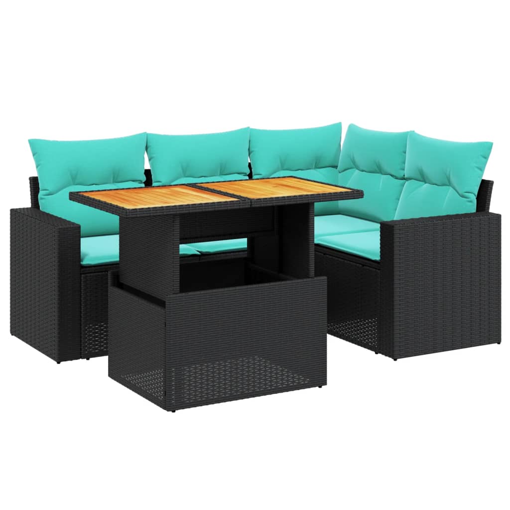 5 Piece Patio Sofa Set with Cushions Black Poly Rattan