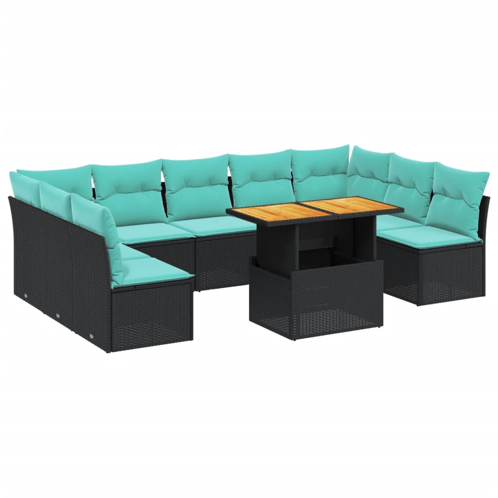 10 Piece Patio Sofa Set with Cushions Black Poly Rattan